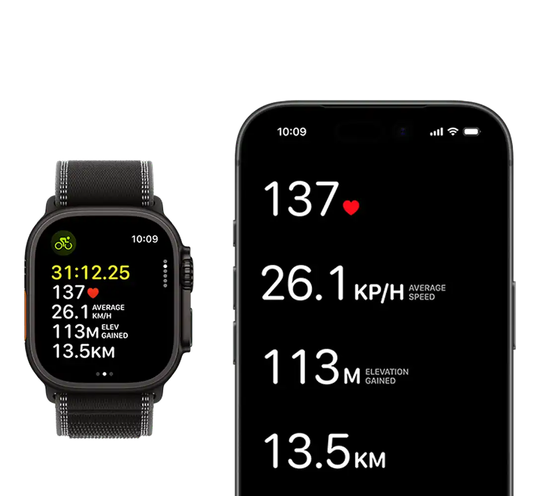 Illusztráció egy iPhone-ról és egy Apple Watch-ról, amelyek épp a kerékpározás edzés funkciót mutatják.