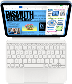 Magic Keyboard Folióhoz csatlakoztatott iPad, melynek a képernyőjén a Slide Over funkció jelenik meg a Pages és a Jegyzetek
      appal