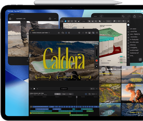 Asztrofekete iPad Pro szemből, fekvő tájolásban, a tetején Apple Pencil, a kijelzőn egymás mellé helyezve több alkalmazásablak,
      köztük a Final Cut Pro különböző videószerkesztési funkciókkal és idővonallal, a Térképek, a Jegyzetek és különféle médiaklipek