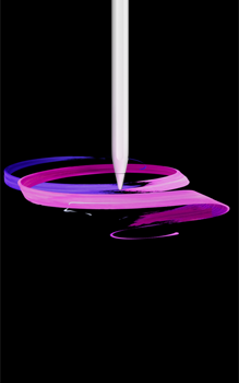 Fehér
      Apple Pencil Pro, elölnézetben, álló tájolásban, oldalprofilból, amint lila és rózsaszín szalagokból álló absztrakt látványtervet
      rajzol