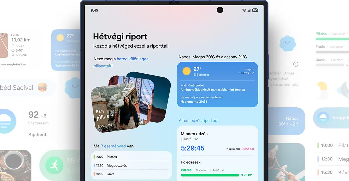 Egy kinyitott Galaxy Z Fold7 a főképernyő felől. A Now Brief aktív, a hétvégi tájékoztató pedig fényképes emlékeket,
      közelgő eseményeket, a legfrissebb időjárást és egyéb edzéssel kapcsolatos információkat jelenít meg. Továbbá, a készüléken
      Now Brief riportok láthatók, köztük az energiaszint és a futási összefoglalók.