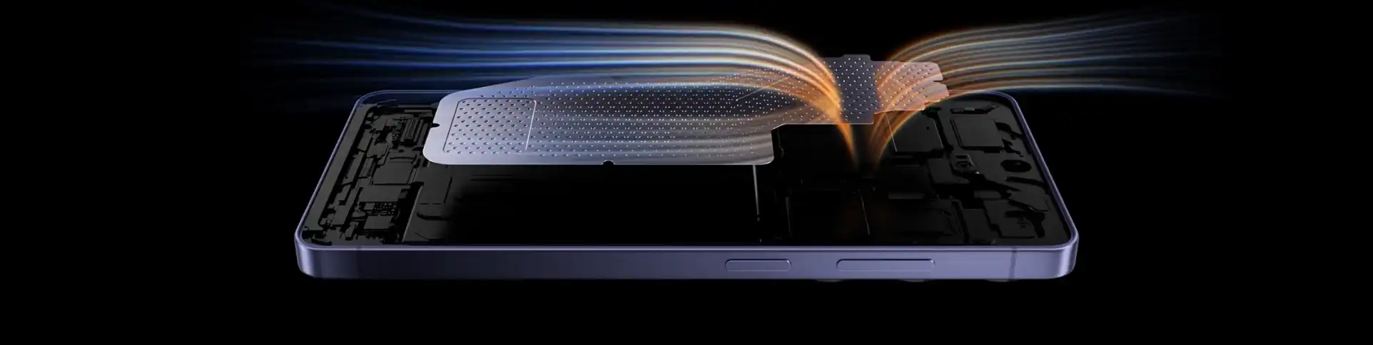 Galaxy S26 Ultra belső hűtőrendszerének szemléltető grafikája hőáramlással.