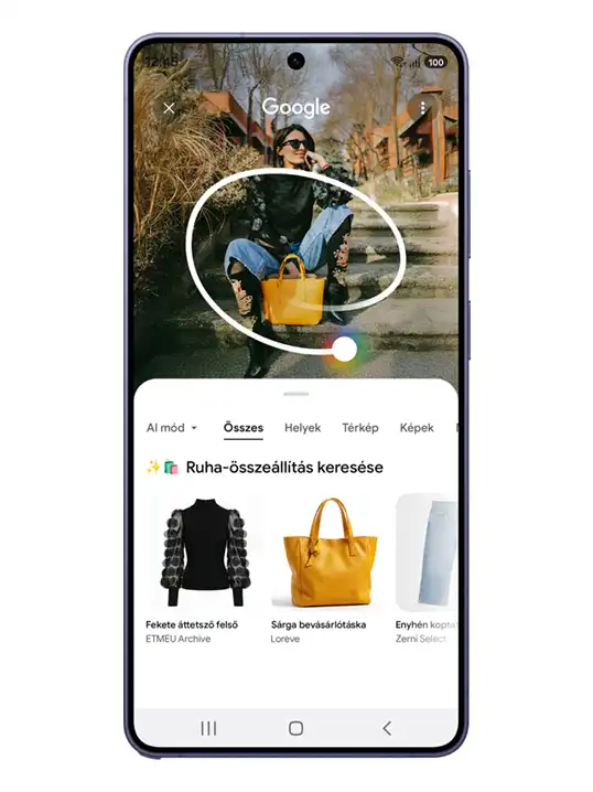 Körberajzolt táska alapján végzett vizuális keresés a Galaxy S26 Ultra kijelzőjén.