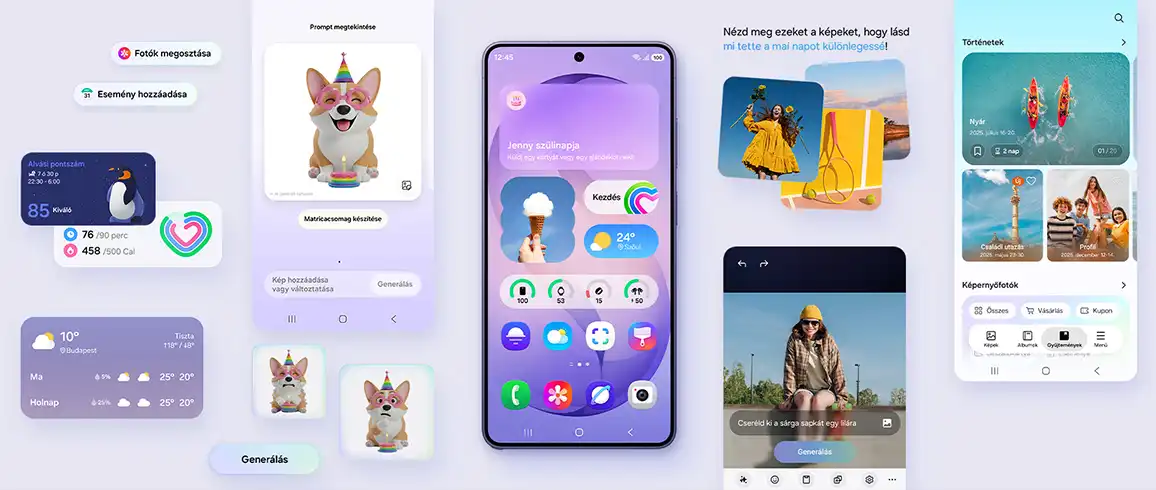 Galaxy S26 Ultra funkcióit bemutató montázs widgetekkel, fotókkal és AI-eszközökkel.