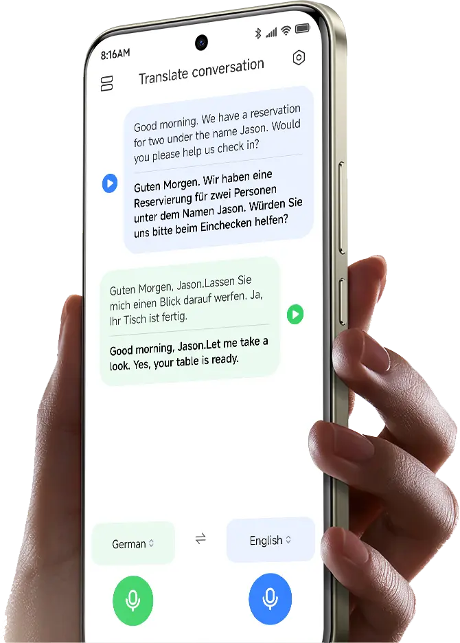 Kézben tartott telefon, kijelzőn az AI tolmács ablak látszik