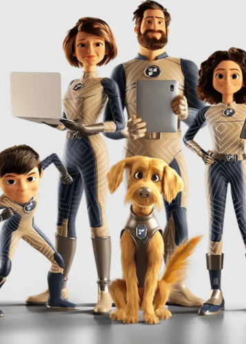 Animált, 3D-s grafika egy modern, technológia-orientált családról és a kutyájukról, akik mindannyian azonos, futurisztikus, bézs és sötétkék színű uniformist viselnek, rajtuk egy pajzs alakú logóval. A családban egy apa, egy anya, egy fiú és egy lány van.